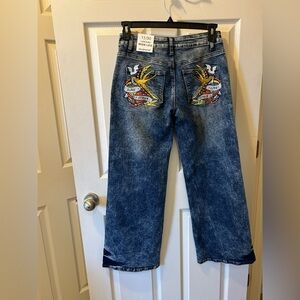 Telepatia Embroidered Sparkly Faux Pocket Blue Denim Jeans Size 11 Wide Leg NWT
